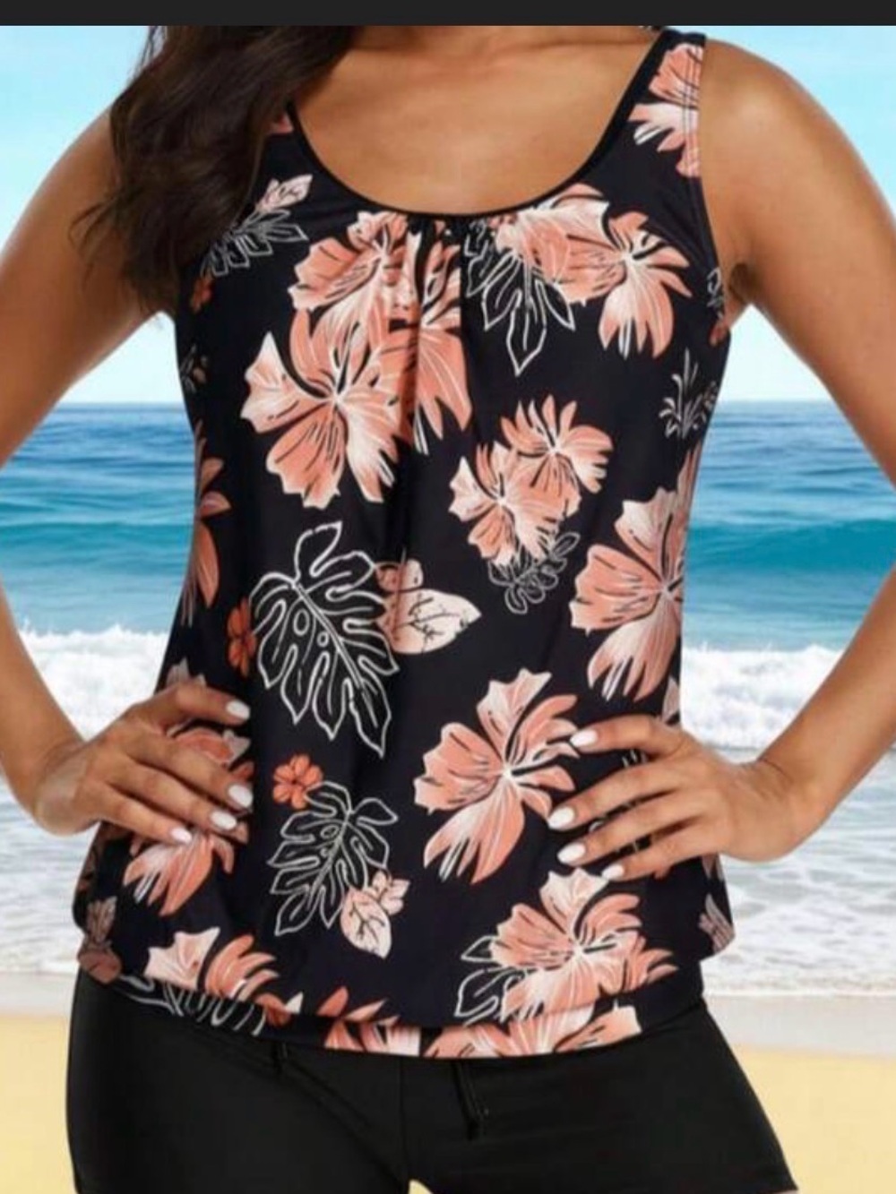 Youngique Floral Tankini Top Black Coral Swim TOP Hawaiian Tropical Size XL